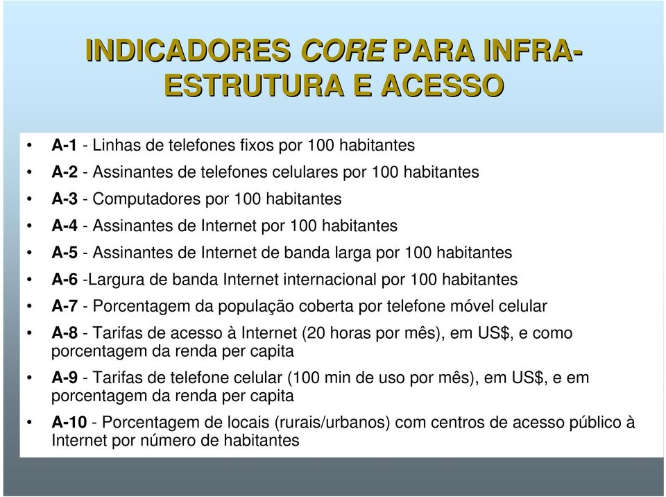 A-7 - Porcentagem da população coberta por telefone móvel celular A-8 - Tarifas de acesso à Internet (20 horas por mês), em US$, e como porcentagem da renda per capita A-9 - Tarifas de