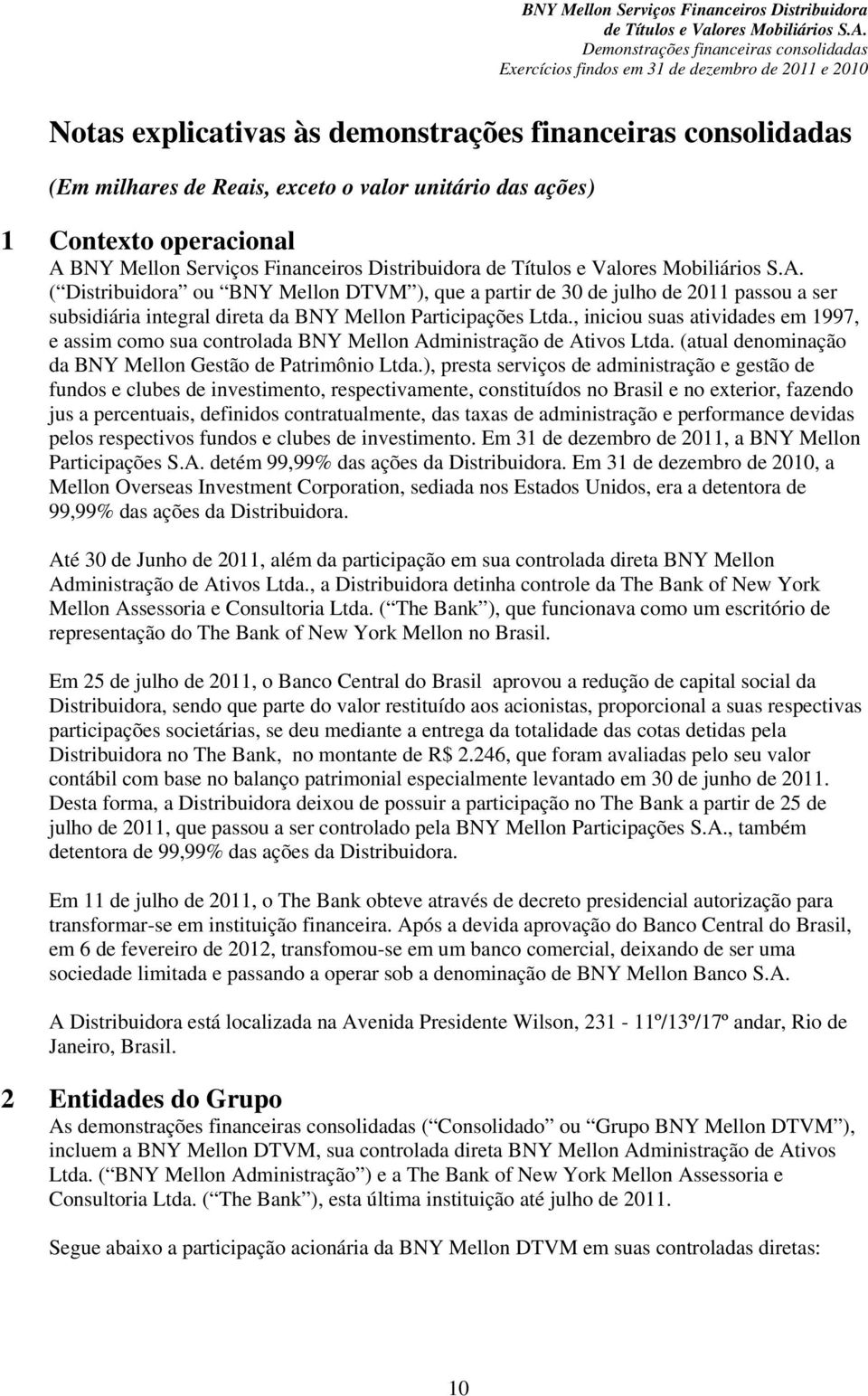 , iniciou suas atividades em 1997, e assim como sua controlada BNY Mellon Administração de Ativos Ltda. (atual denominação da BNY Mellon Gestão de Patrimônio Ltda.