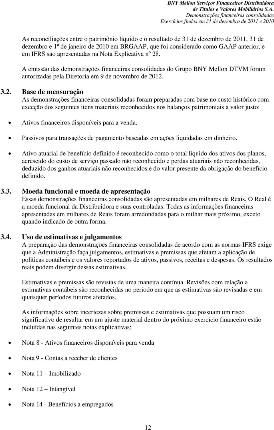 . A emissão das demonstrações financeiras consolidadas do Grupo BNY Mellon DTVM foram autorizadas pela Diretoria em 9 de novembro de 20