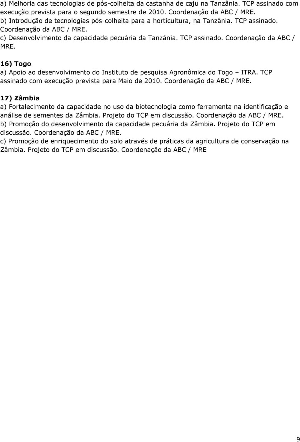 c) Desenvolvimento da capacidade pecuária da Tanzânia. TCP assinado. Coordenação da ABC / MRE. 16) Togo a) Apoio ao desenvolvimento do Instituto de pesquisa Agronômica do Togo ITRA.