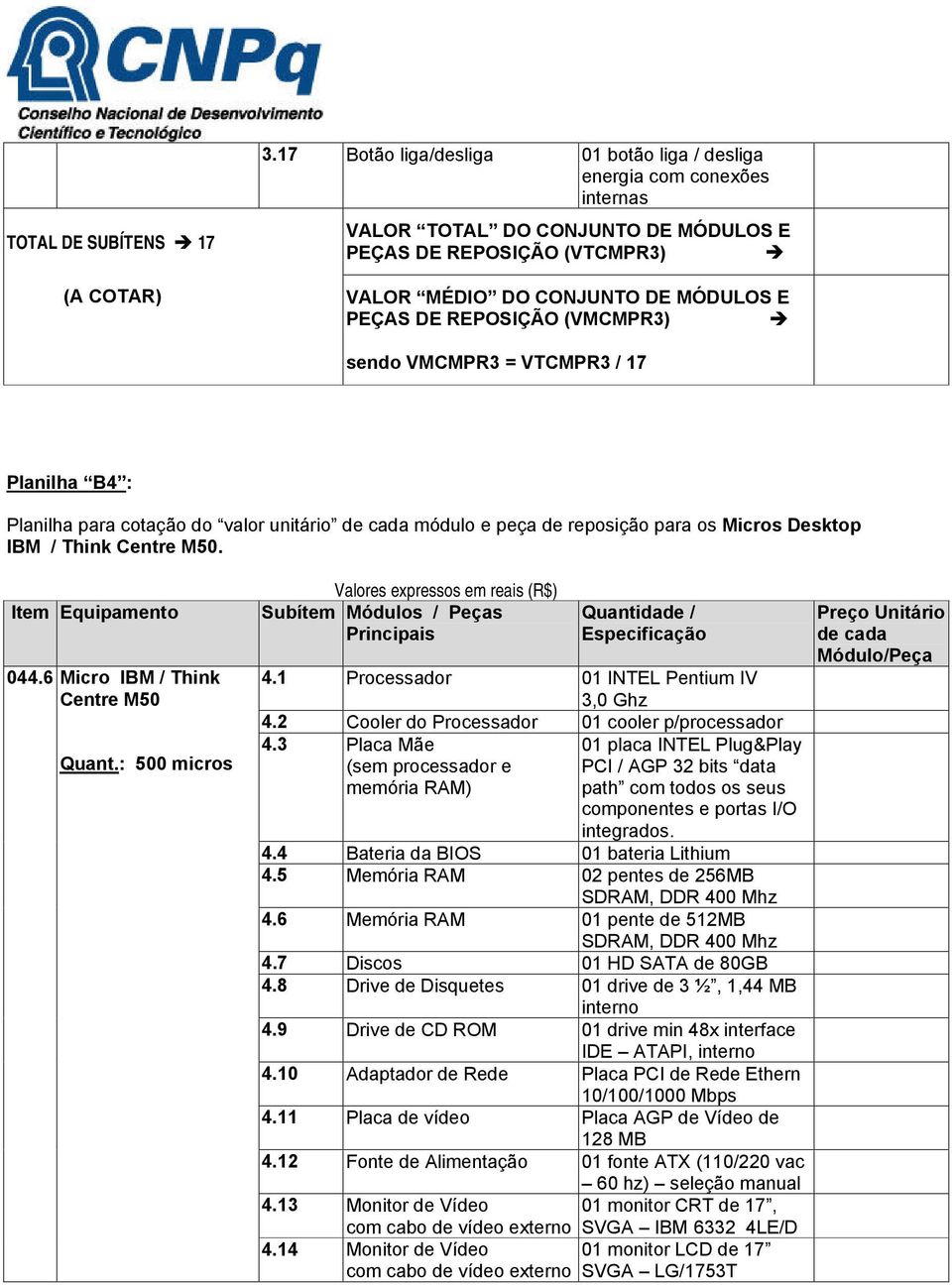 REPOSIÇÃO (VMCMPR3) sendo VMCMPR3 = VTCMPR3 / 17 Planilha B4 : Planilha para cotação do valor unitário de cada módulo e peça de reposição para os Micros Desktop IBM / Think Centre M50.