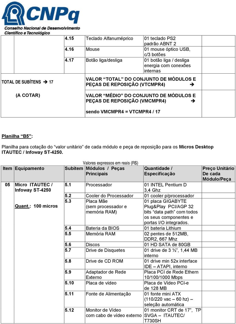 REPOSIÇÃO (VMCMPR4) sendo VMCMPR4 = VTCMPR4 / 17 Planilha B5 : Planilha para cotação do valor unitário de cada módulo e peça de reposição para os Micros Desktop ITAUTEC / Infoway ST-4250.