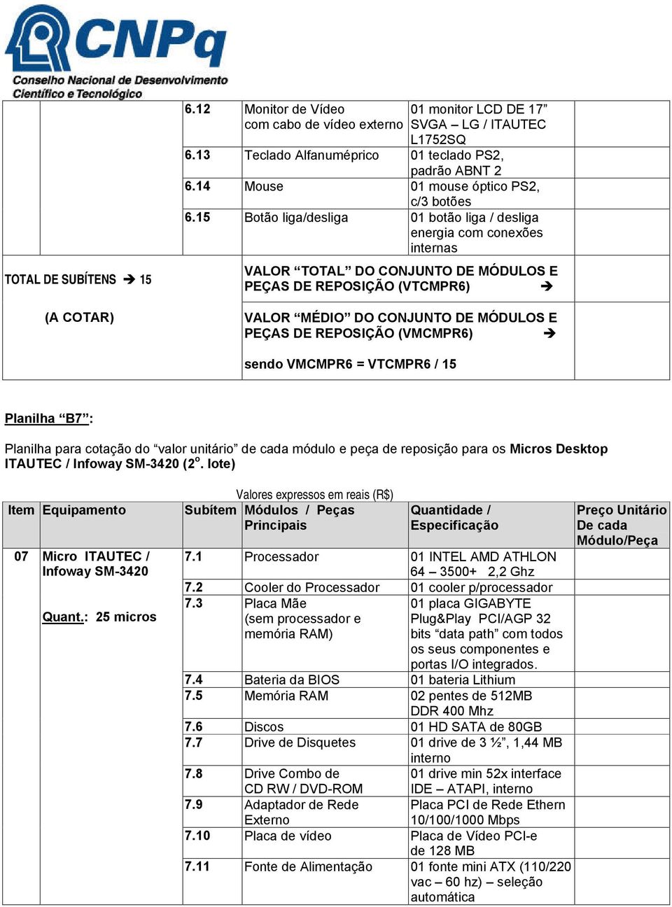 15 Botão liga/desliga 01 botão liga / desliga energia com conexões internas VALOR TOTAL DO CONJUNTO DE MÓDULOS E PEÇAS DE REPOSIÇÃO (VTCMPR6) (A COTAR) VALOR MÉDIO DO CONJUNTO DE MÓDULOS E PEÇAS DE