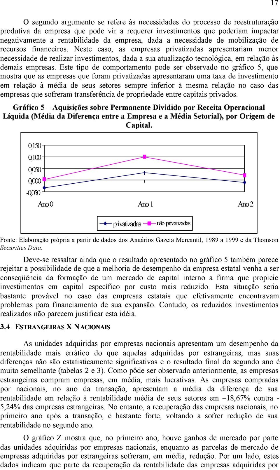 Neste caso, as empresas privatizadas apresentariam menor necessidade de realizar investimentos, dada a sua atualização tecnológica, em relação às demais empresas.