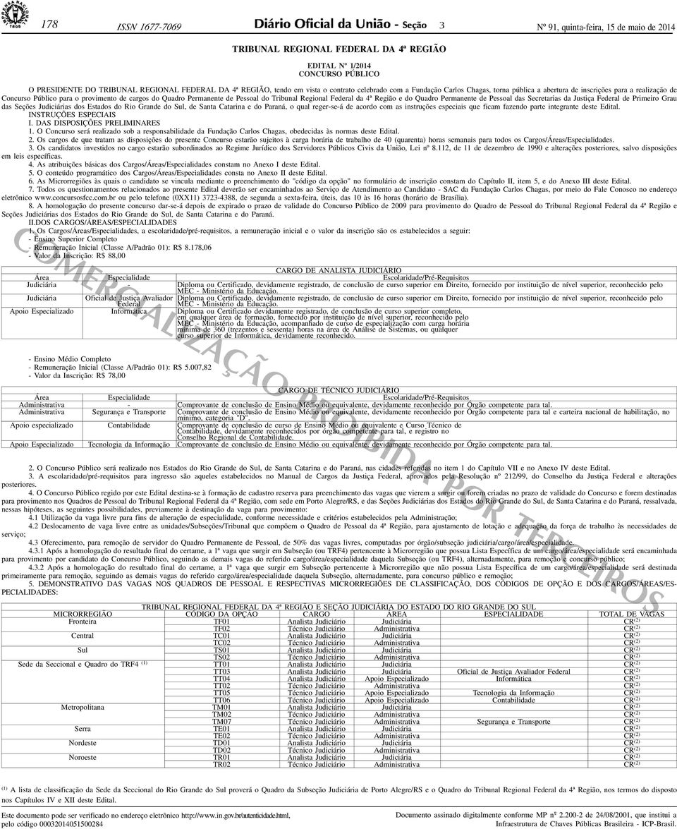 Tribunal Regional Federal da 4ª Região e do Quadro Permanente de Pessoal das Secretarias da Justiça Federal de Primeiro Grau das Seções Judiciárias dos Estados do Rio Grande do Sul, de Santa Catarina