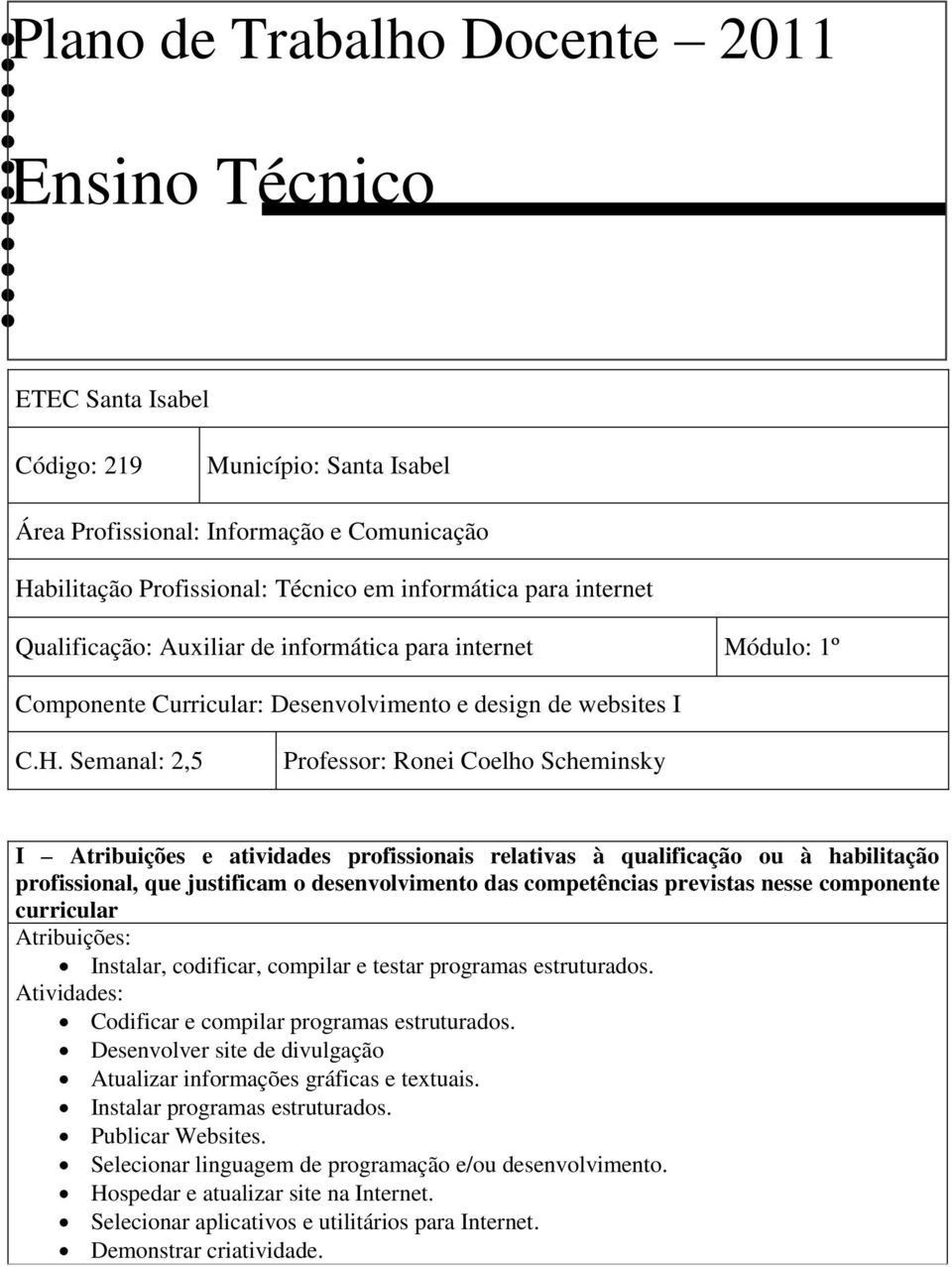 Semanal: 2,5 Professor: Ronei Coelho Scheminsky I Atribuições e atividades profissionais relativas à qualificação ou à habilitação profissional, que justificam o desenvolvimento das competências