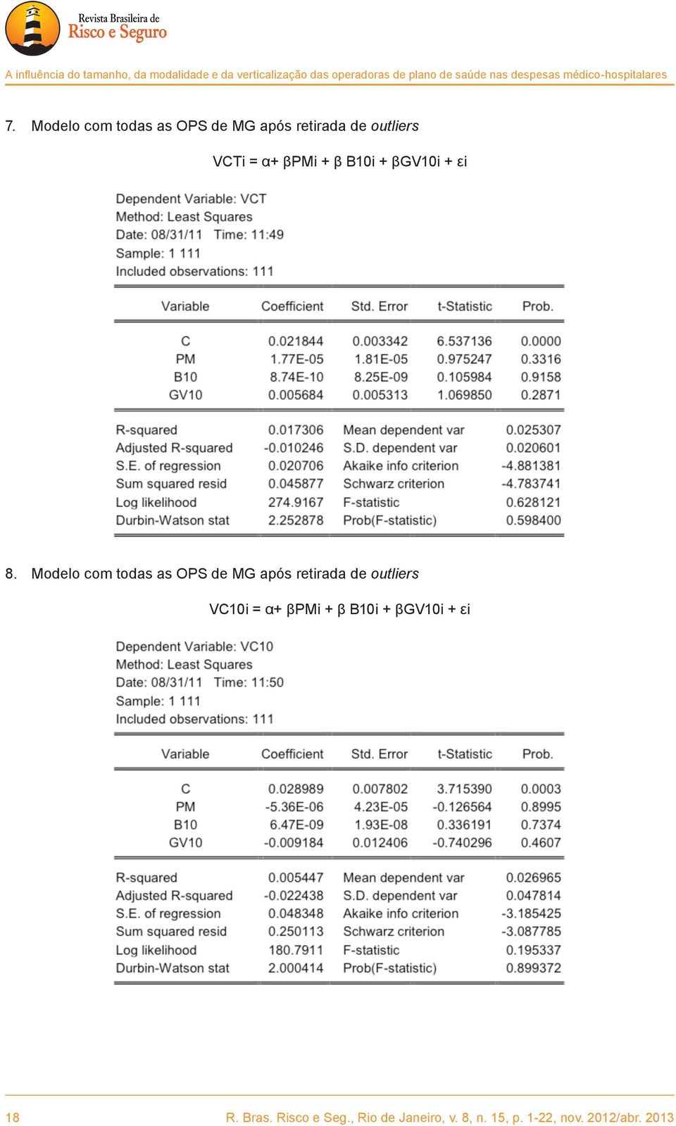 Modelo com todas as OPS de MG após retirada de outliers VCTi = α+ βpmi + β B10i + βgv10i + εi 8.