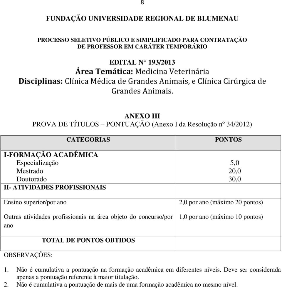 ANEXO III PROVA DE TÍTULOS PONTUAÇÃO (Anexo I da Resolução nº 34/2012) CATEGORIAS I-FORMAÇÃO ACADÊMICA Especialização Mestrado Doutorado II- ATIVIDADES PROFISSIONAIS Ensino superior/por ano Outras