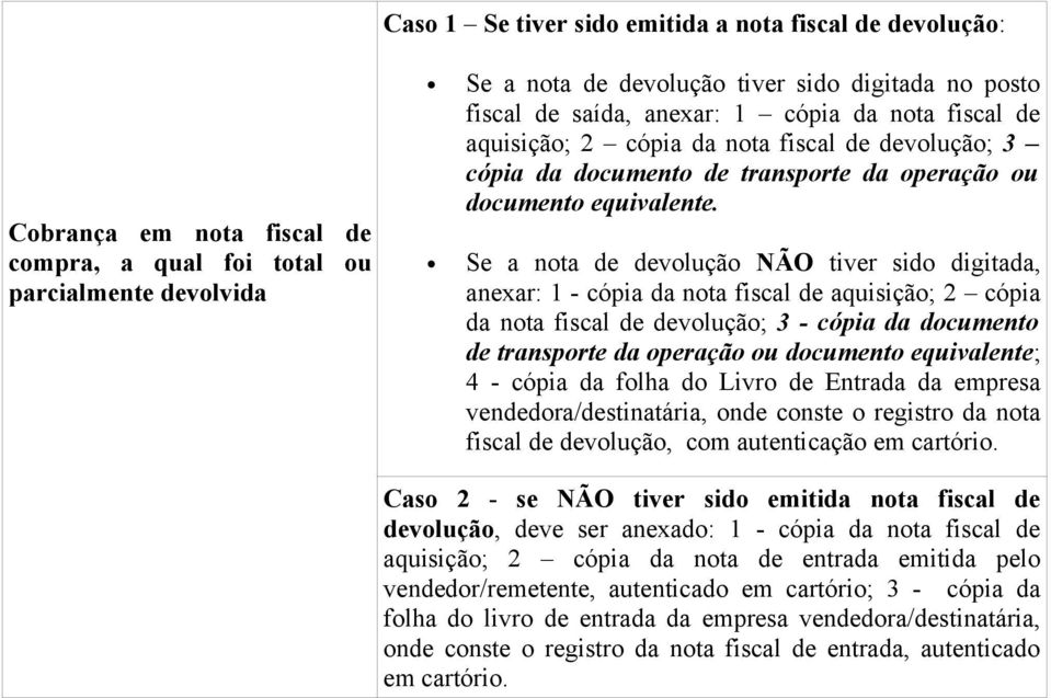 Se a nota de devolução NÃO tiver sido digitada, anexar: 1 - cópia da nota fiscal de aquisição; 2 cópia da nota fiscal de devolução; 3 - cópia da documento de transporte da operação ou documento