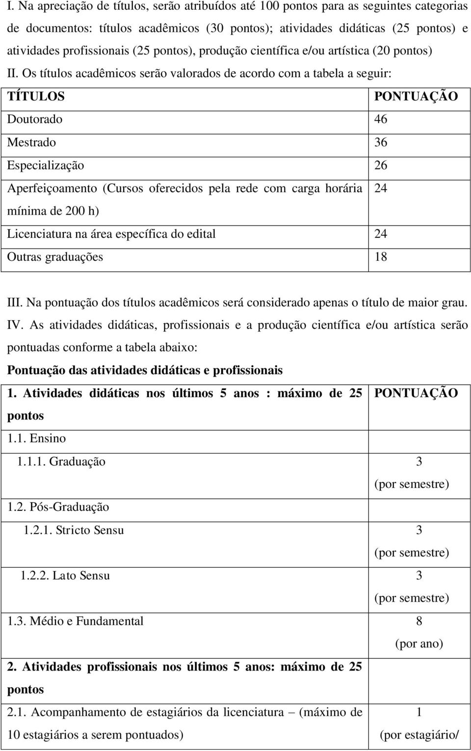 Os títulos acadêmicos serão valorados de acordo com a tabela a seguir: TÍTULOS PONTUAÇÃO Doutorado 46 Mestrado 36 Especialização 26 Aperfeiçoamento (Cursos oferecidos pela rede com carga horária 24