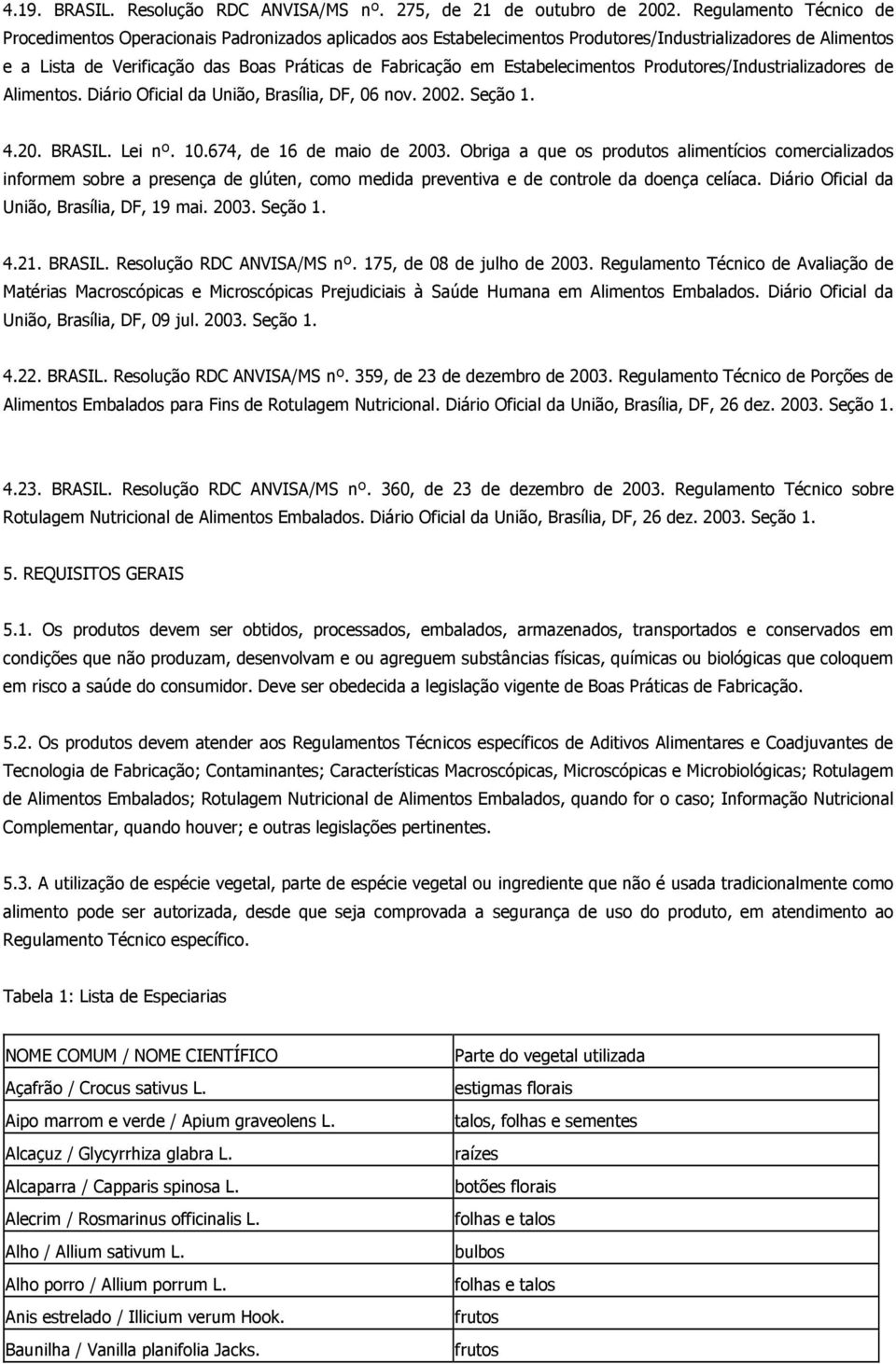 Estabelecimentos Produtores/Industrializadores de Alimentos. Diário Oficial da União, Brasília, DF, 06 nov. 2002. Seção 1. 4.20. BRASIL. Lei nº. 10.674, de 16 de maio de 2003.