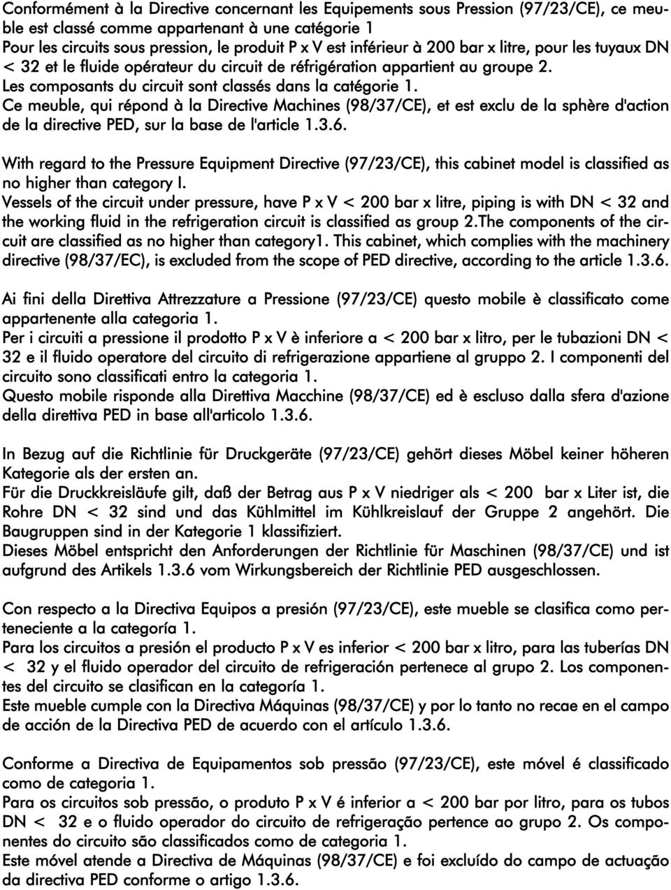 Ce meuble, qui répond à la Directive Machines (98/37/CE), et est exclu de la sphère d'action de la directive PED, sur la base de l'article 1.3.6.