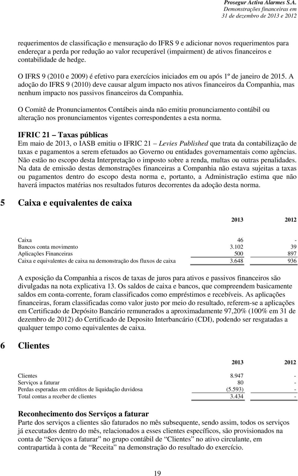 A adoção do IFRS 9 (2010) deve causar algum impacto nos ativos financeiros da Companhia, mas nenhum impacto nos passivos financeiros da Companhia.