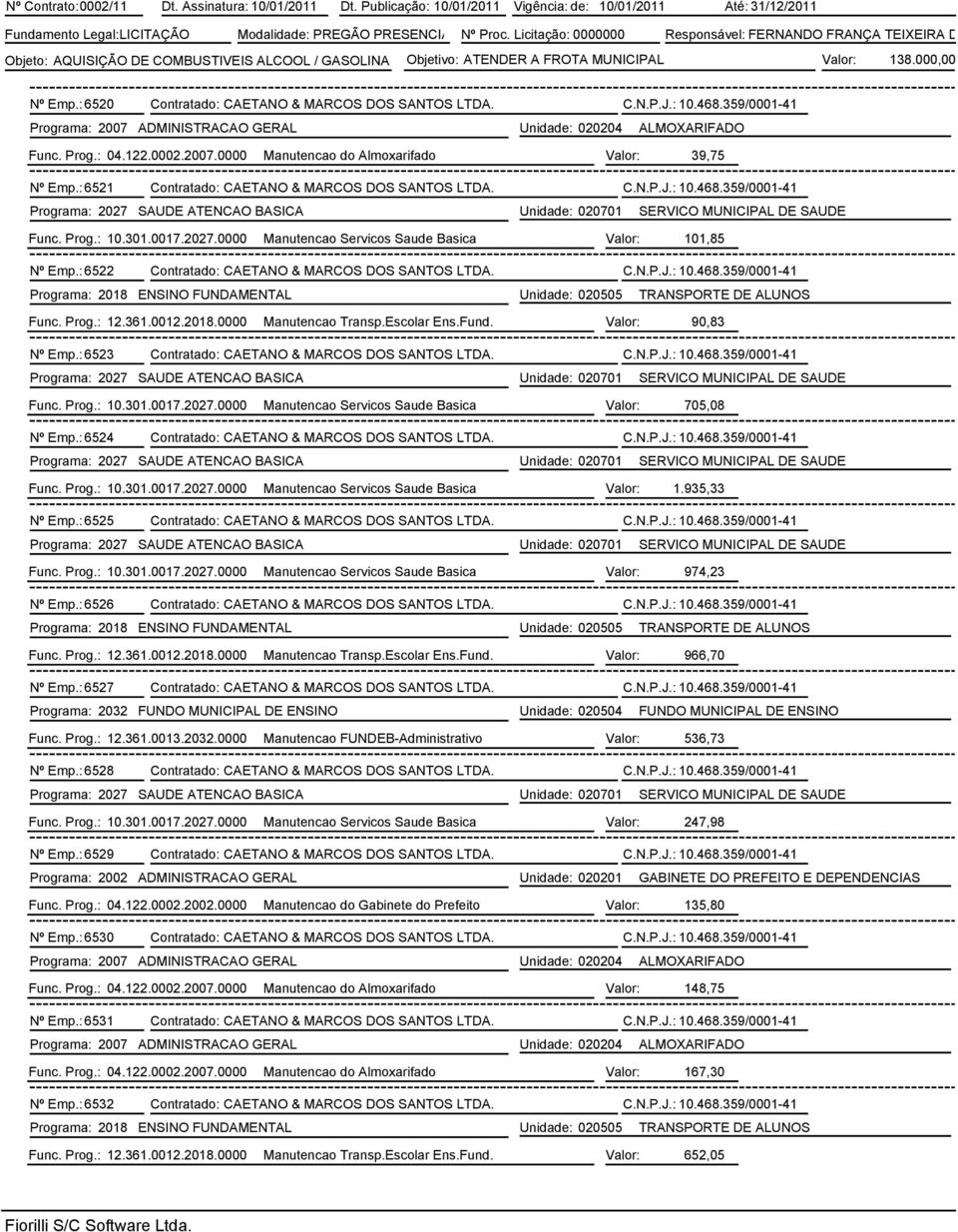 : 6520 Contratado: CAETANO & MARCOS DOS SANTOS LTDA. C.N.P.J.: 10.468.359/0001-41 Programa: 2007 ADMINISTRACAO GERAL Unidade: 020204 ALMOXARIFADO Func. Prog.: 04.122.0002.2007.0000 Manutencao do Almoxarifado Valor: 39,75 Nº Emp.