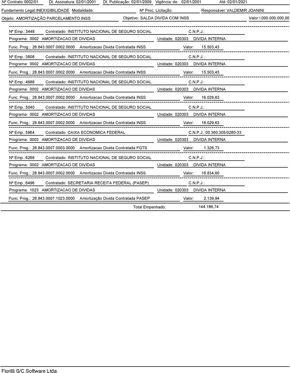 : 3448 Contratado: INSTITUTO NACIONAL DE SEGURO SOCIAL C.N.P.J.: Programa: 0002 AMORTIZACAO DE DIVIDAS Unidade: 020303 DIVIDA INTERNA Func. Prog.: 28.843.0007.0002.0000 Amortizacao Divida Contratada INSS Valor: 15.