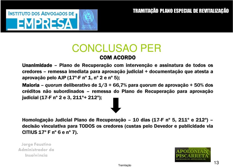 créditos não subordinados remessa do Plano de Recuperação para aprovação judicial (17-F nº 2 e 3, 211º+ 212º); Homologação Judicial Plano de Recuperação