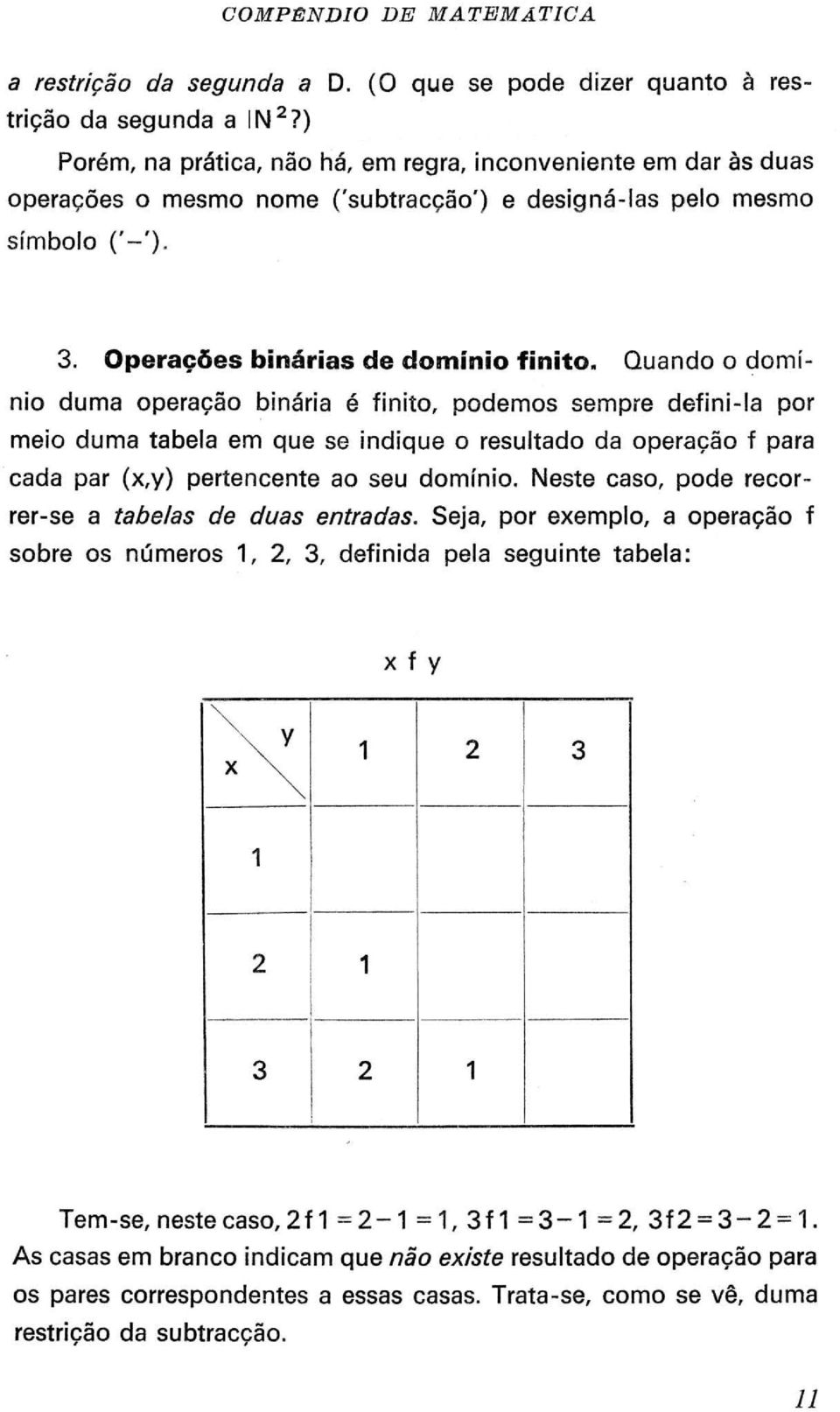 ('-'). 3. Operações binárias de domínio finito.