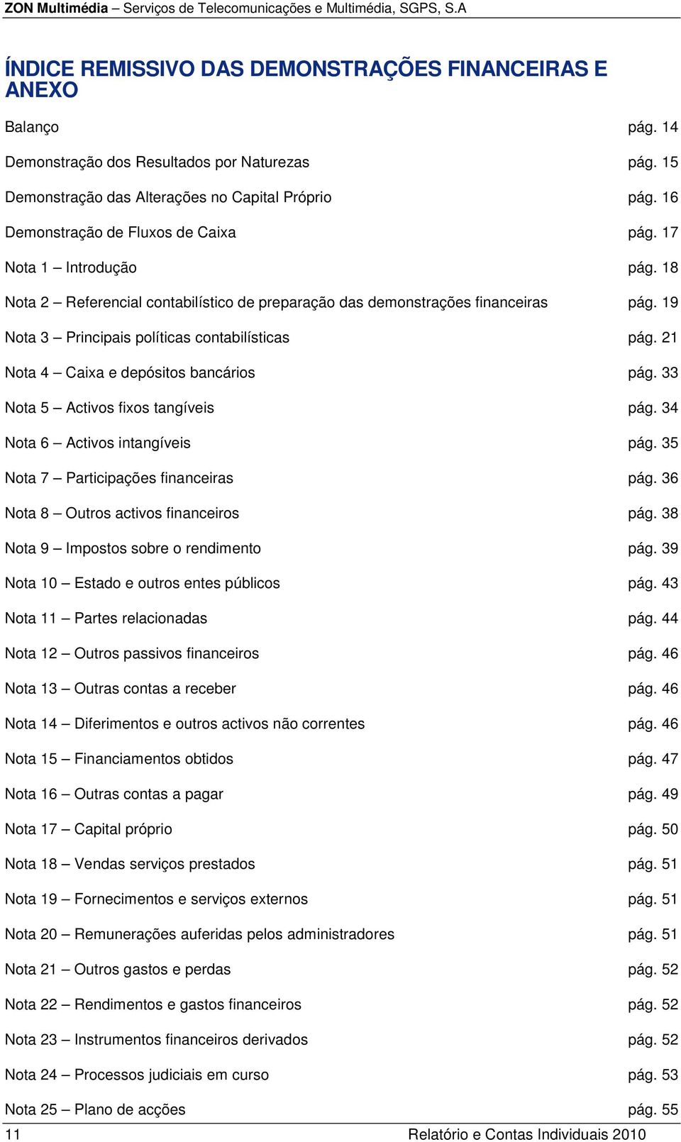 19 Nota 3 Principais políticas contabilísticas pág. 21 Nota 4 Caixa e depósitos bancários pág. 33 Nota 5 Activos fixos tangíveis pág. 34 Nota 6 Activos intangíveis pág.