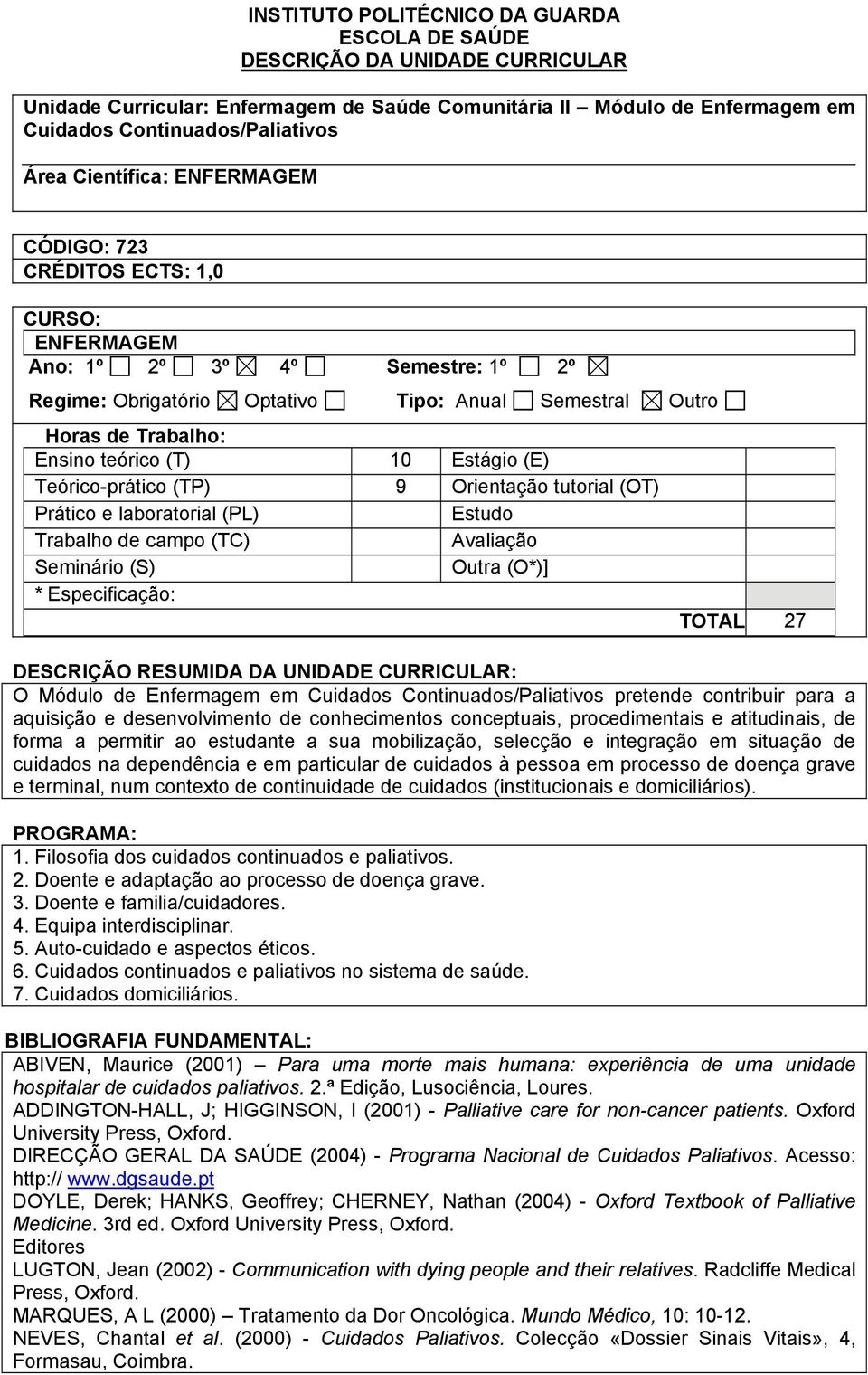 10 Estágio (E) Teórico-prático (TP) 9 Orientação tutorial (OT) Prático e laboratorial (PL) Estudo Trabalho de campo (TC) Avaliação Seminário (S) Outra (O*)] * Especificação: TOTAL 27 DESCRIÇÃO