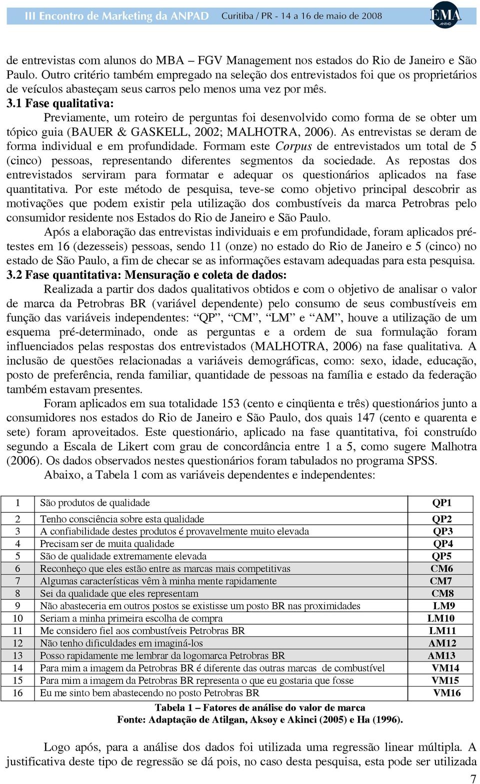 1 Fase qualitativa: Previamente, um roteiro de perguntas foi desenvolvido como forma de se obter um tópico guia (BAUER & GASKELL, 2002; MALHOTRA, 2006).