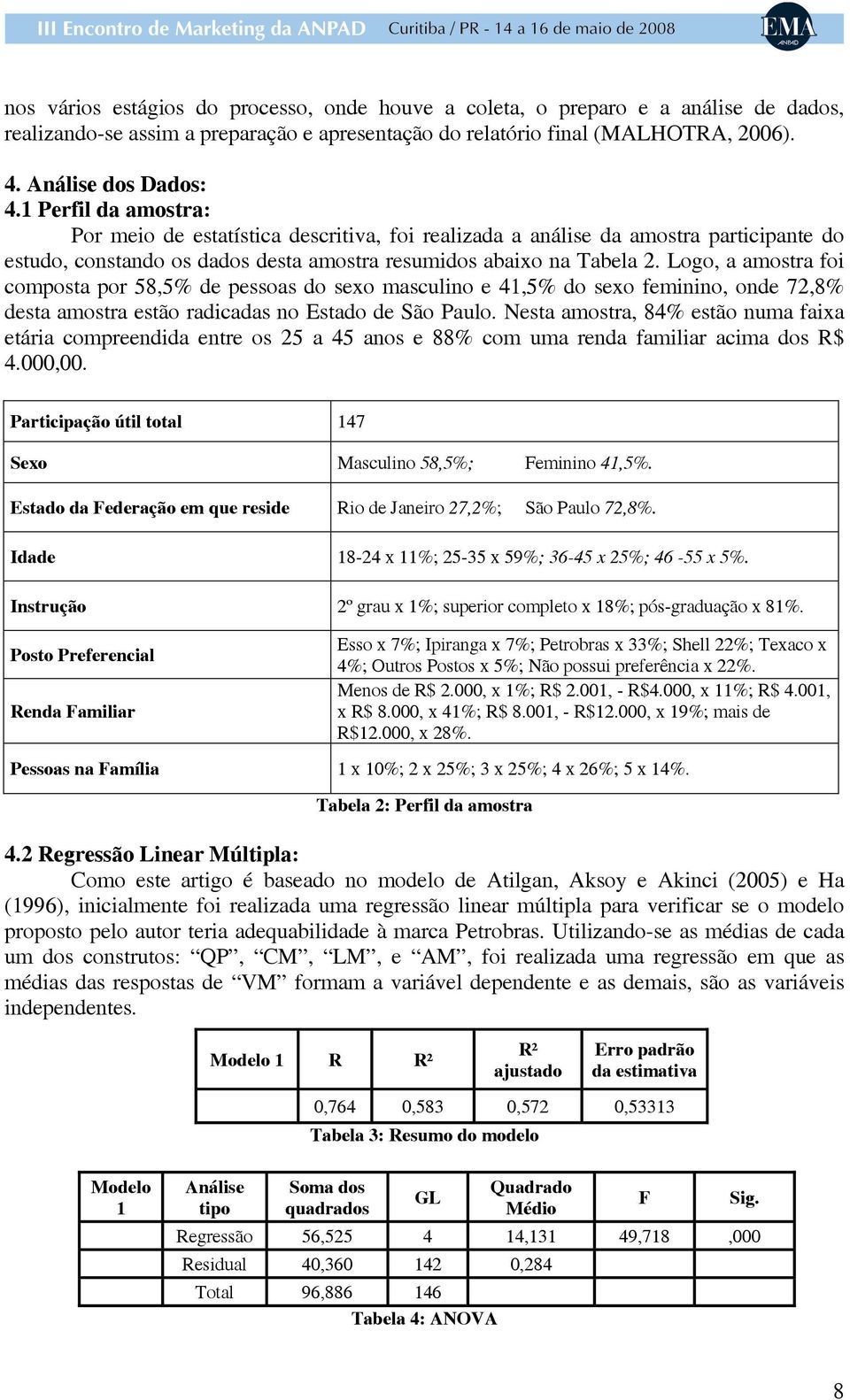 Logo, a amostra foi composta por 58,5% de pessoas do sexo masculino e 41,5% do sexo feminino, onde 72,8% desta amostra estão radicadas no Estado de São Paulo.