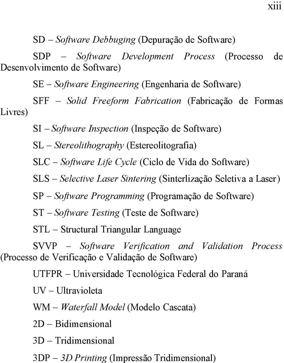 Laser Sintering (Sinterlização Seletiva a Laser) SP Software Programming (Programação de Software) ST Software Testing (Teste de Software) STL Structural Triangular Language SVVP Software