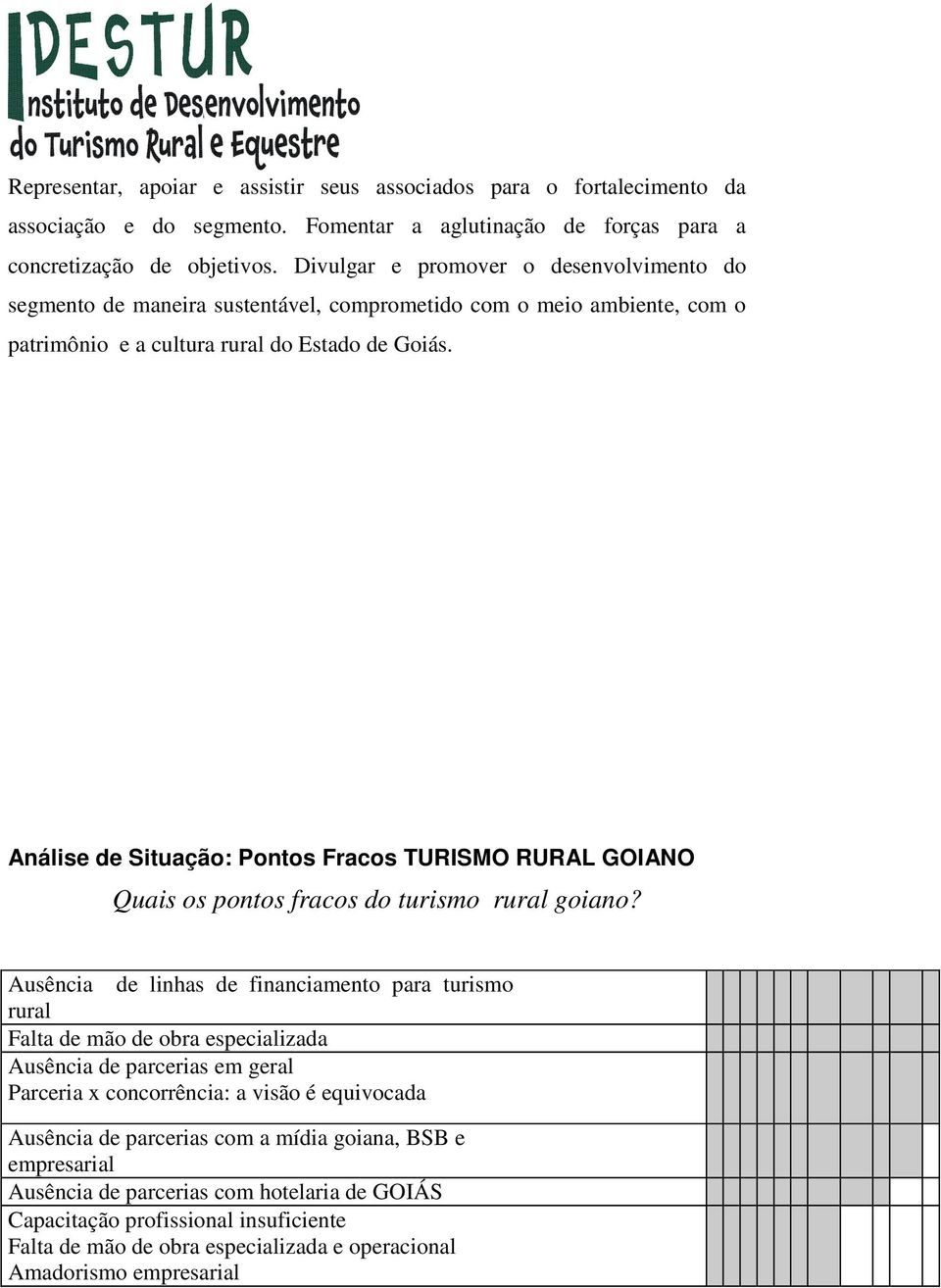 Análise de Situação: Pontos Fracos TURISMO RURAL GOIANO Quais os pontos fracos do turismo rural goiano?