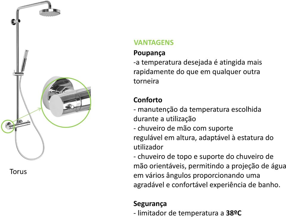 à estatura do utilizador -chuveiro de topo e suporte do chuveiro de mão orientáveis, permitindo a projeção de água em