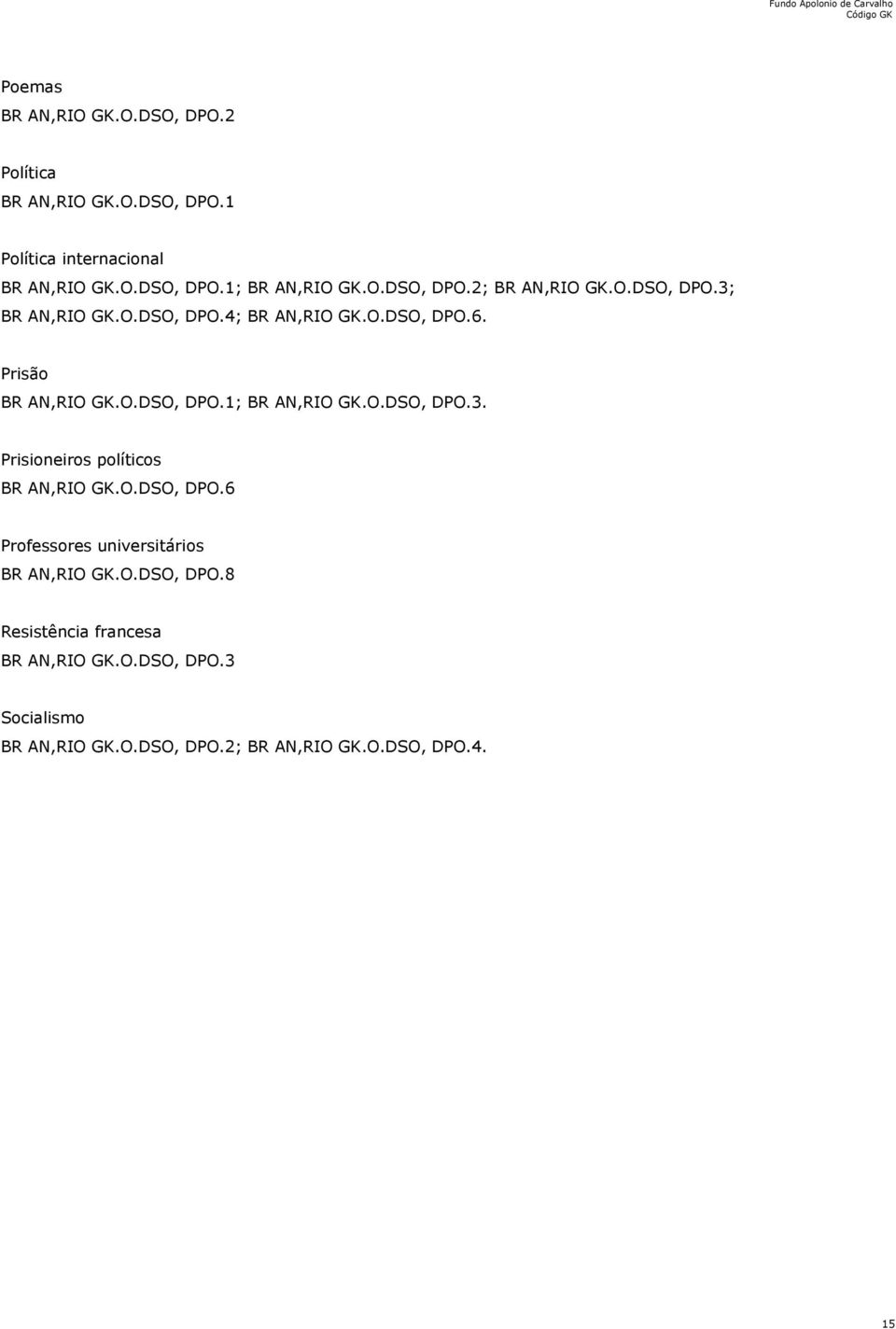 O.DSO, DPO.3. Prisioneiros políticos BR AN,RIO GK.O.DSO, DPO.6 Professores universitários BR AN,RIO GK.O.DSO, DPO.8 Resistência francesa BR AN,RIO GK.