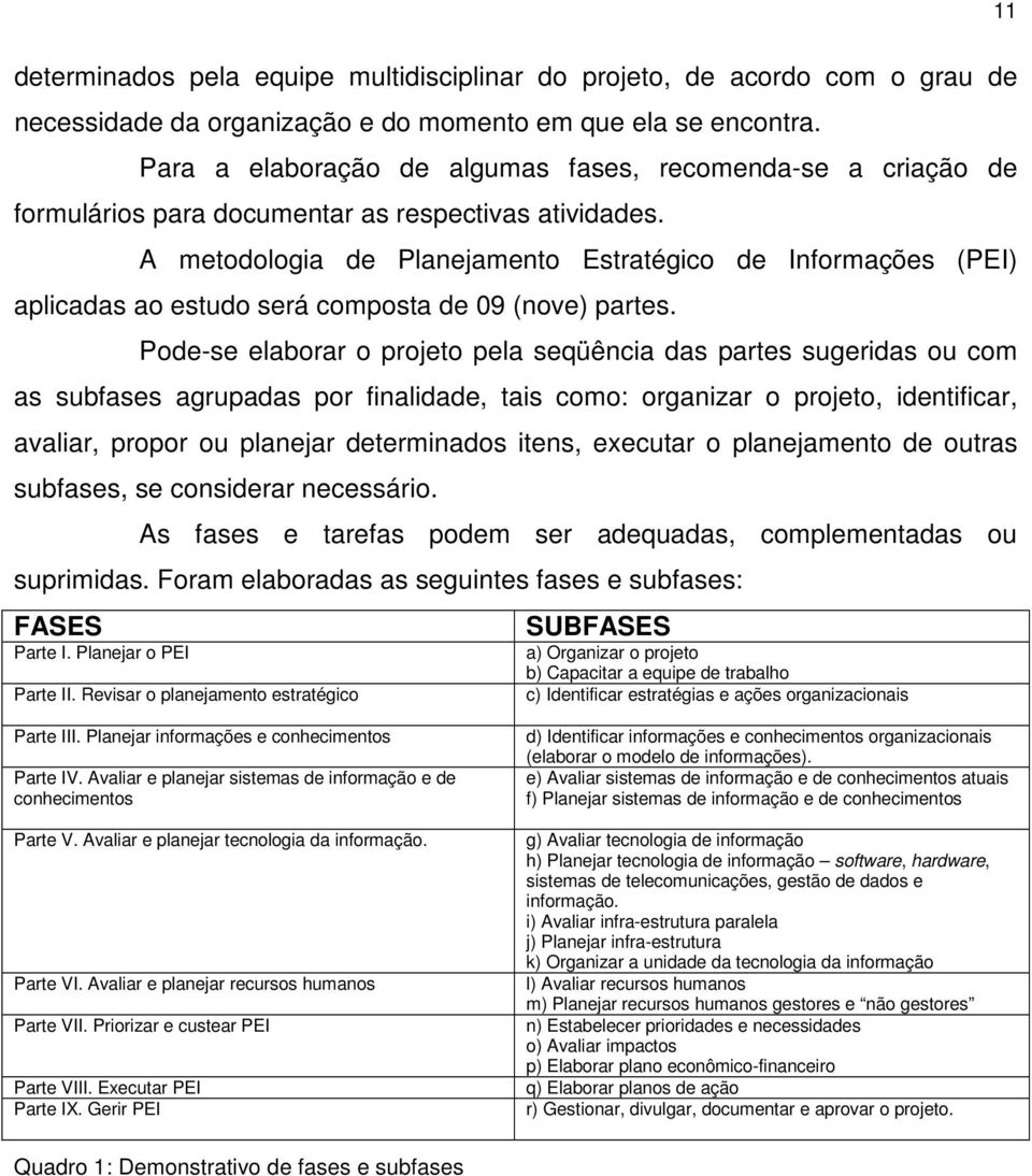 A metodologia de Planejamento Estratégico de Informações (PEI) aplicadas ao estudo será composta de 09 (nove) partes.