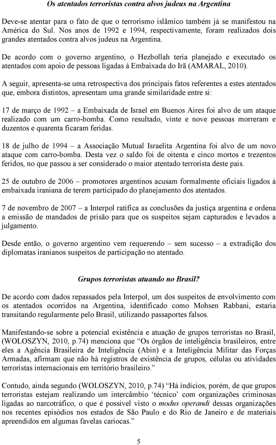 De acordo com o governo argentino, o Hezbollah teria planejado e executado os atentados com apoio de pessoas ligadas à Embaixada do Irã (AMARAL, 2010).