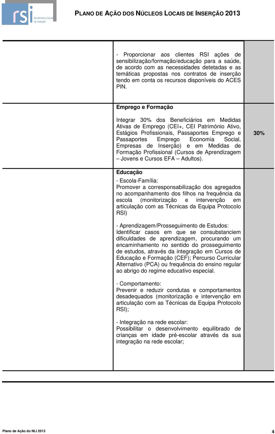 Emprego e Formação Integrar 30% dos Beneficiários em Medidas Ativas de Emprego (CEI+, CEI Património Ativo, Estágios Profissionais, Passaportes Emprego e Passaportes Emprego Economia Social, Empresas