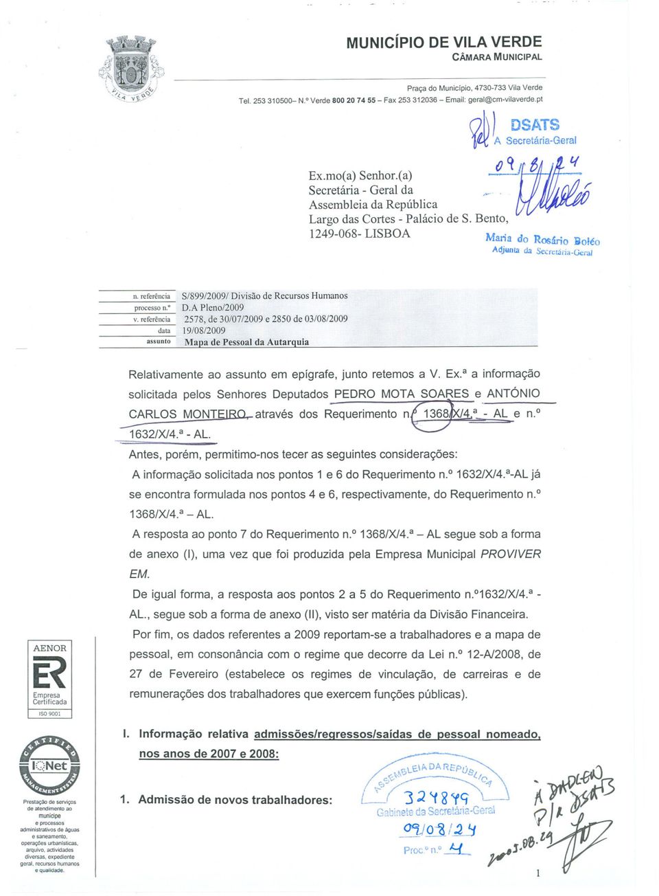 referência 8/899/2009/ Divisão de Recursos Humanos processon.. D.A Pleno/2009 v.