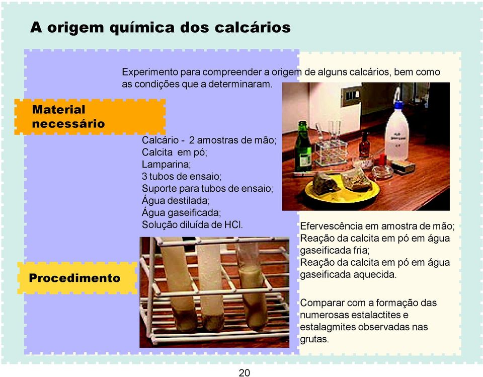 Água destilada; Água gaseificada; Solução diluída de HCl.