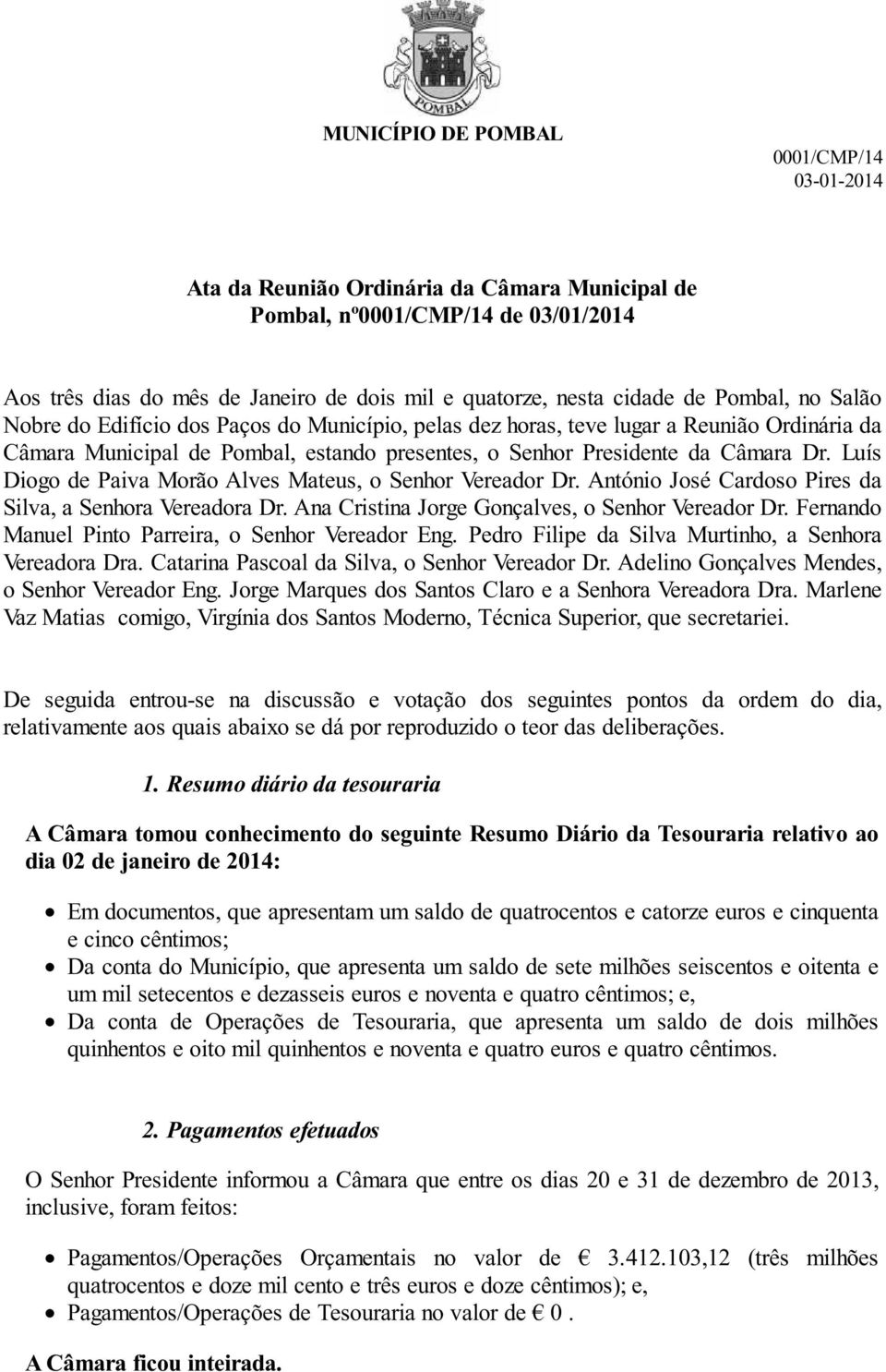 Luís Diogo de Paiva Morão Alves Mateus, o Senhor Vereador Dr. António José Cardoso Pires da Silva, a Senhora Vereadora Dr. Ana Cristina Jorge Gonçalves, o Senhor Vereador Dr.