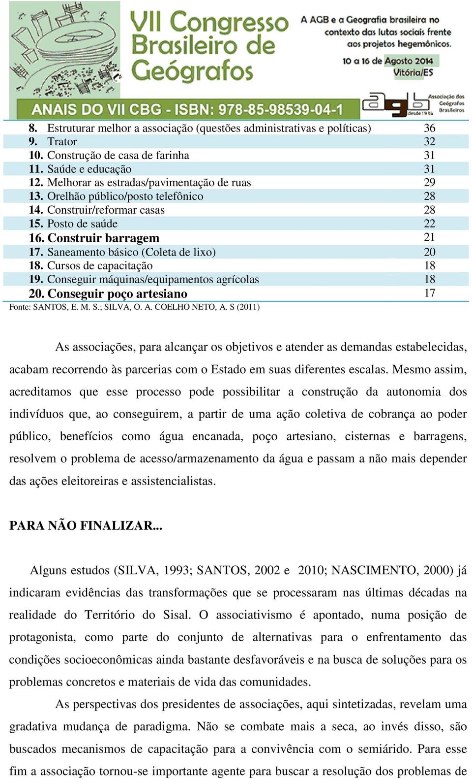 Saneamento básico (Coleta de lixo) 20 18. Cursos de capacitação 18 19. Conseguir máquinas/equipamentos agrícolas 18 20. Conseguir poço artesiano 17 Fonte: SANTOS, E. M. S.; SILVA, O. A.