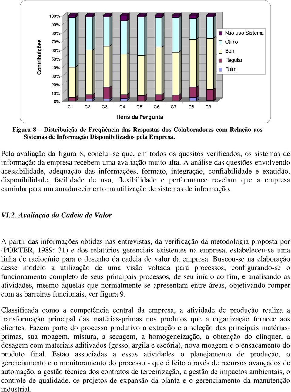 Pela avaliação da figura 8, conclui-se que, em todos os quesitos verificados, os sistemas de informação da empresa recebem uma avaliação muito alta.