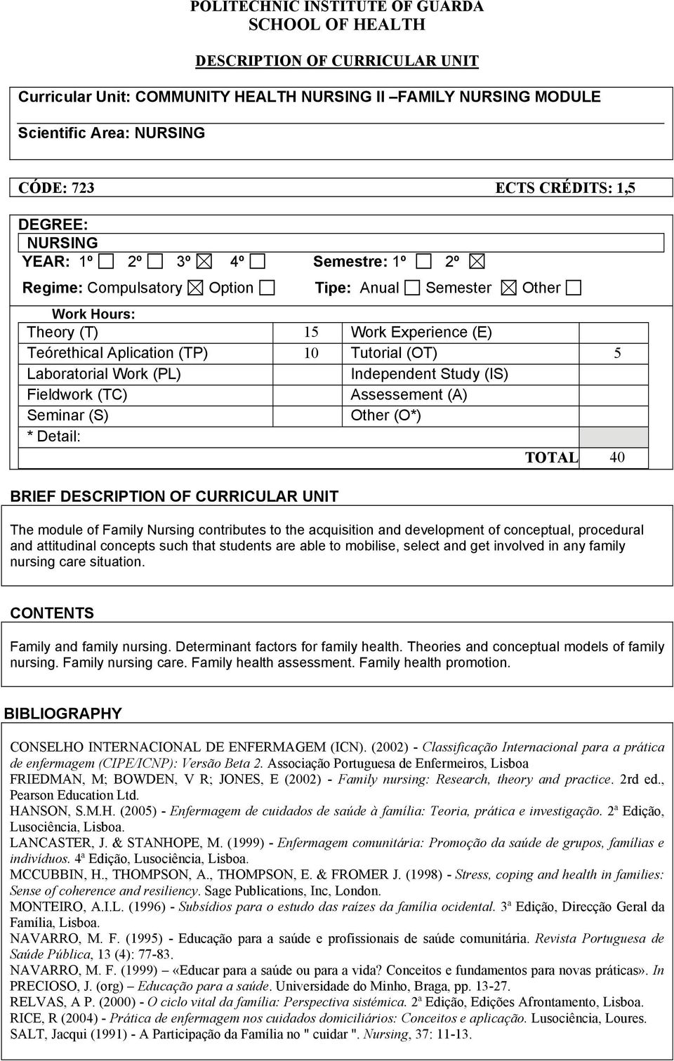 Laboratorial Work (PL) Independent Study (IS) Fieldwork (TC) Assessement (A) Seminar (S) Other (O*) * Detail: TOTAL 40 BRIEF DESCRIPTION OF CURRICULAR UNIT The module of Family Nursing contributes to