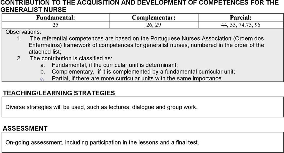 The contribution is classified as: a. Fundamental, if the curricular unit is determinant; b. Complementary, if it is complemented by a fundamental curricular unit; c.