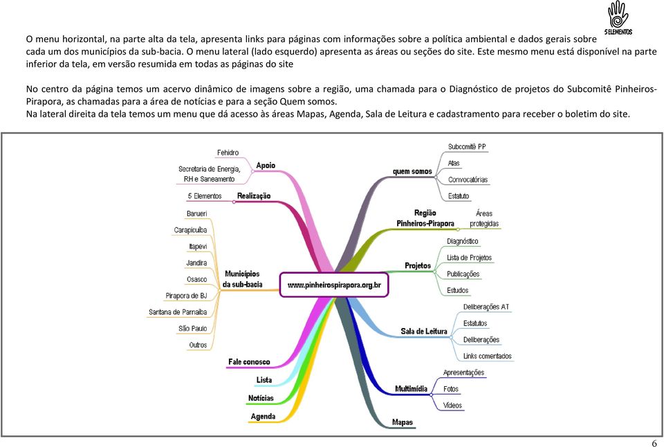 Este mesmo menu está disponível na parte inferior da tela, em versão resumida em todas as páginas do site No centro da página temos um acervo dinâmico de imagens sobre a