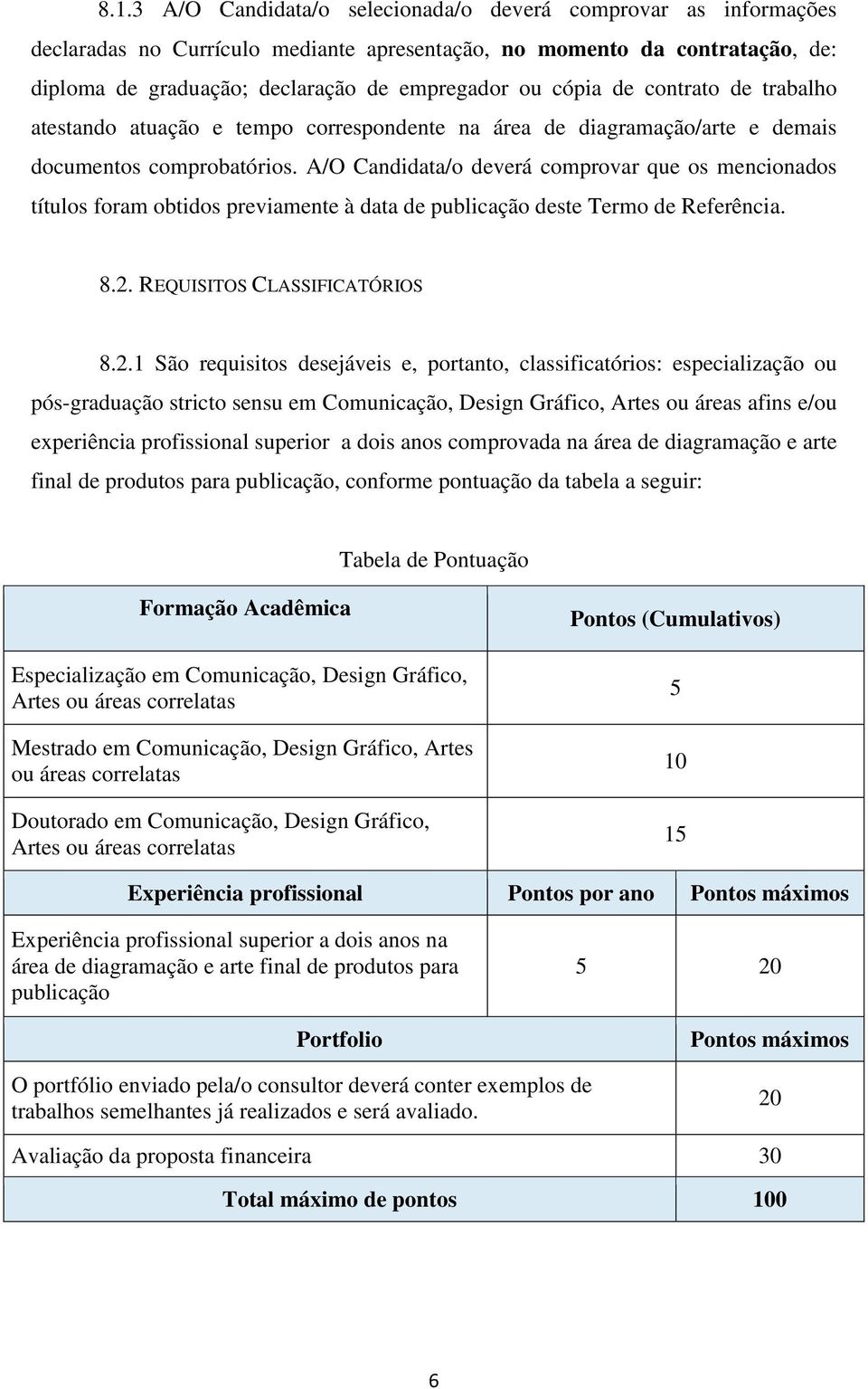 A/O Candidata/o deverá comprovar que os mencionados títulos foram obtidos previamente à data de publicação deste Termo de Referência. 8.2.