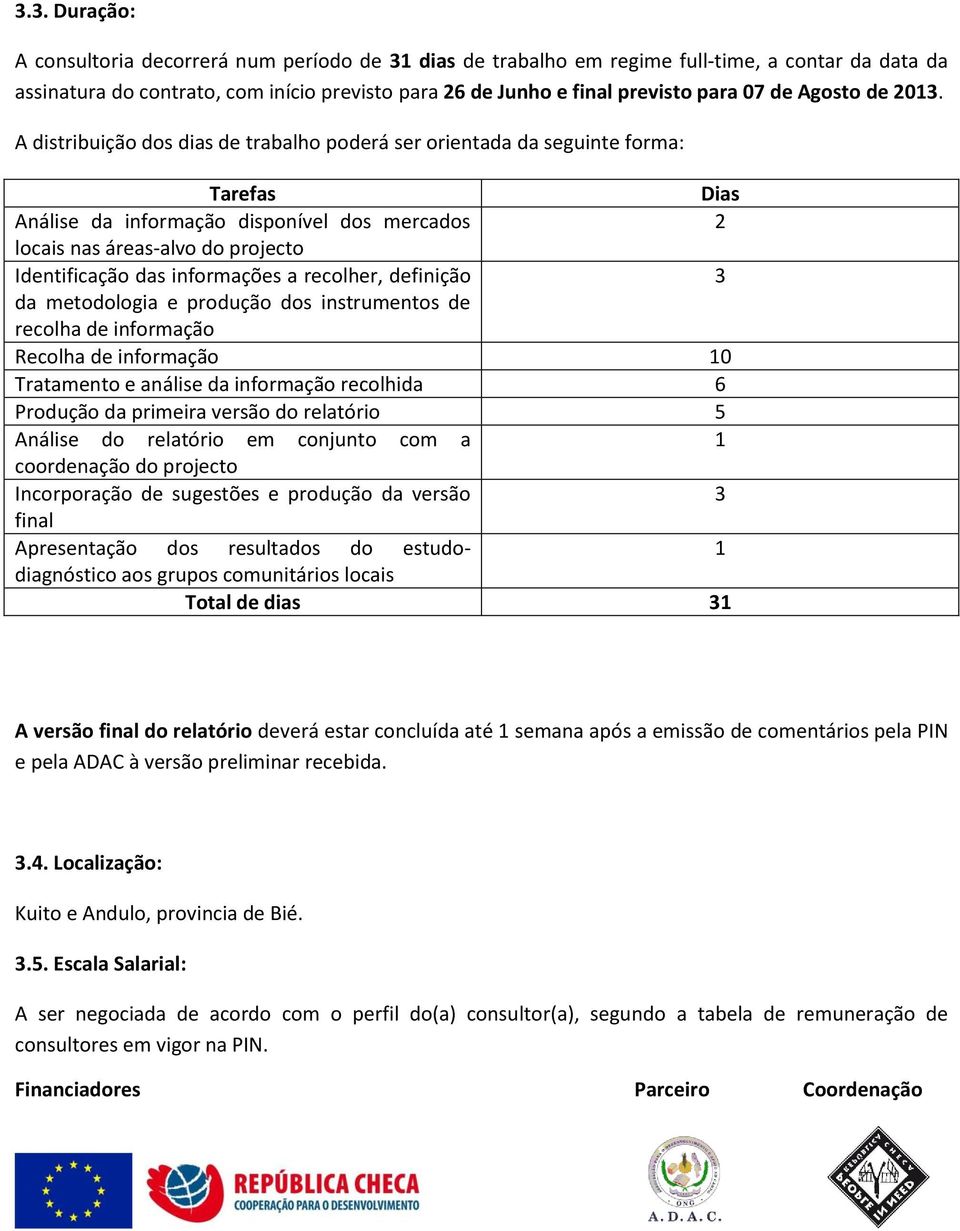 A distribuição dos dias de trabalho poderá ser orientada da seguinte forma: Tarefas Dias Análise da informação disponível dos mercados 2 locais nas áreas-alvo do projecto Identificação das