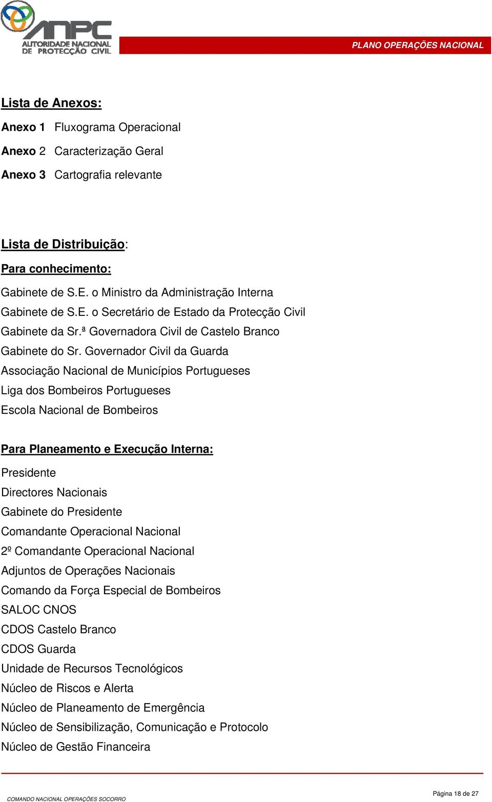 Governador Civil da Guarda Associação Nacional de Municípios Portugueses Liga dos Bombeiros Portugueses Escola Nacional de Bombeiros Para Planeamento e Execução Interna: Presidente Directores