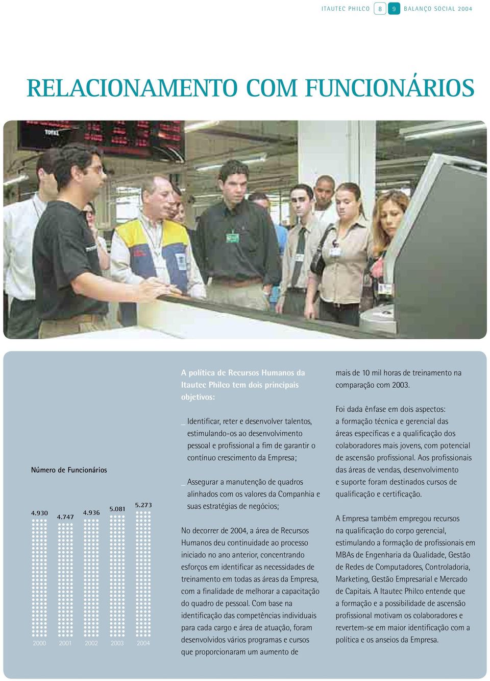 garantir o contínuo crescimento da Empresa; _ Assegurar a manutenção de quadros alinhados com os valores da Companhia e suas estratégias de negócios; No decorrer de 2004, a área de Recursos Humanos