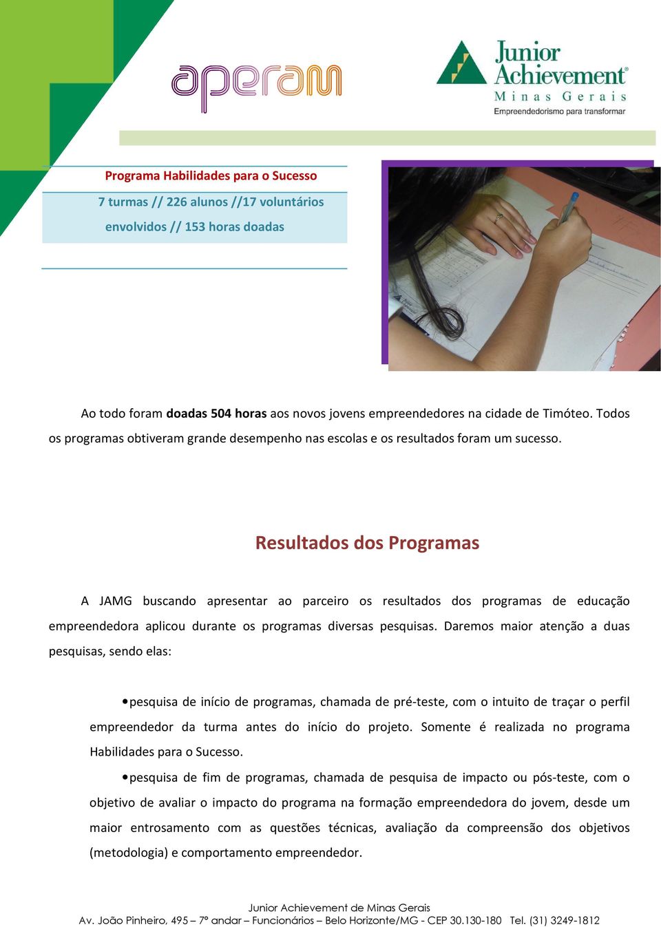 Resultados dos Programas A JAMG buscando apresentar ao parceiro os resultados dos programas de educação empreendedora aplicou durante os programas diversas pesquisas.