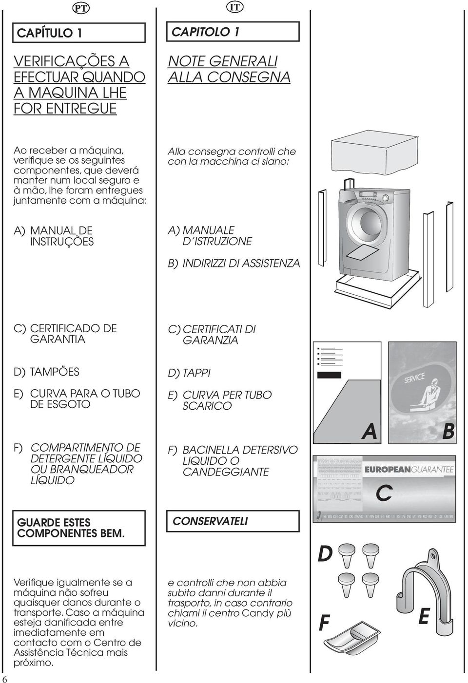 CERTIFICADO DE GARANTIA C) CERTIFICATI DI GARANZIA D) TAMPÖES D) TAPPI E) CURVA PARA O TUBO DE ESGOTO F) COMPARTIMENTO DE DETERGENTE LÍQUIDO OU BRANQUEADOR LÍQUIDO E) CURVA PER TUBO SCARICO F)