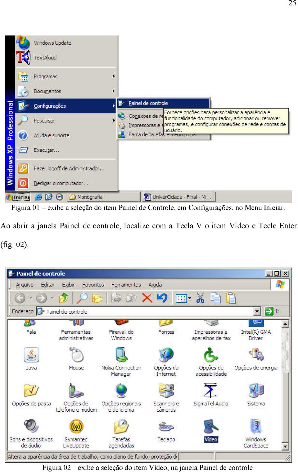 Ao abrir a janela Painel de controle, localize com a Tecla V o