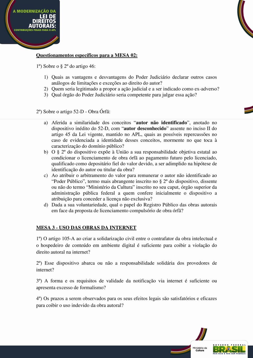 2º) Sobre o artigo 52-D - Obra Órfã: a) Aferida a similaridade dos conceitos autor não identificado, anotado no dispositivo inédito do 52-D, com autor desconhecido assente no inciso II do artigo 45