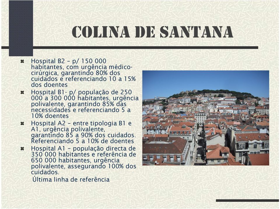 doentes Hospital A2 entre tipologia B1 e A1, urgência polivalente, garantindo 85 a 90% dos cuidados.