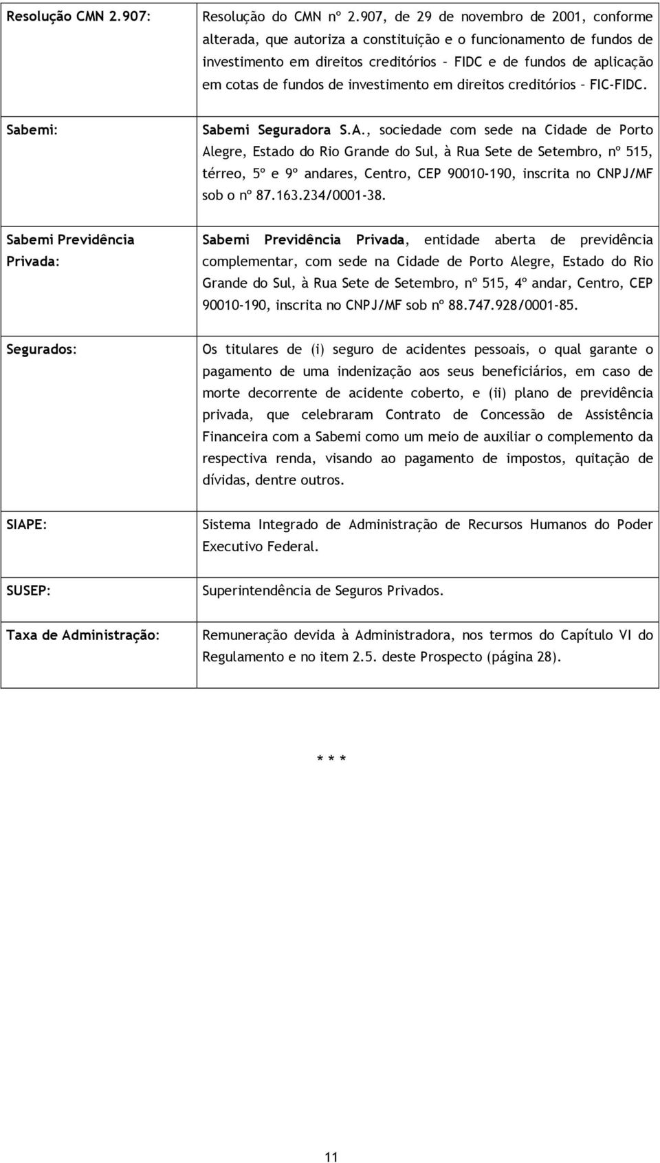 investimento em direitos creditórios FIC-FIDC. Sabemi: Sabemi Seguradora S.A.